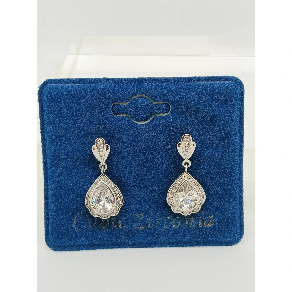 Vintage 1990s Pear Cut Cubic Zirconia Silver Tone Drop Earrings Rare New on Card